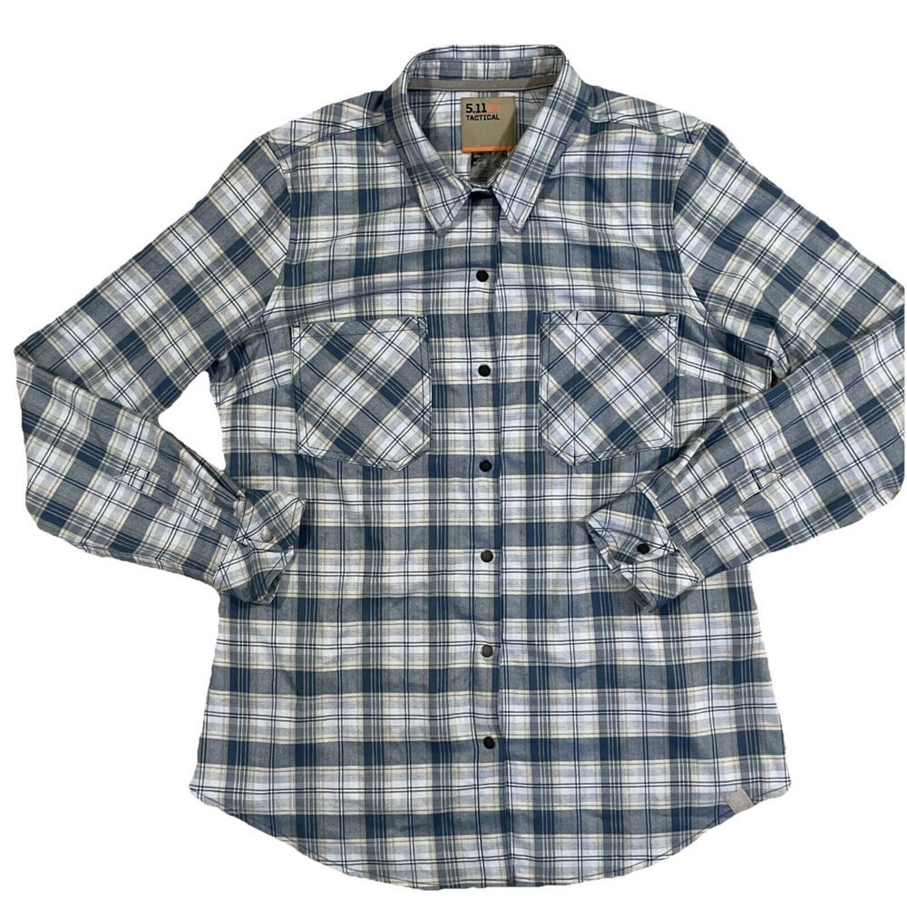 5.11 Tactical Shirt Womens Medium Blue Flannel Plaid Long Sleeve Snap Up